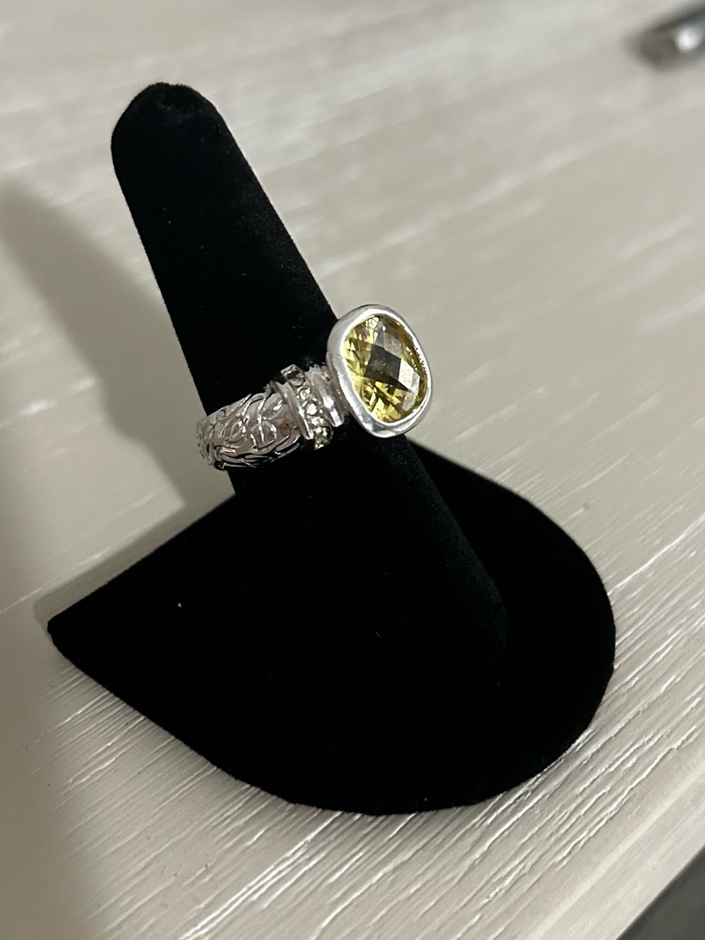 Statement Ring With Faux Yellow Stone - Crystal and Filigree Details